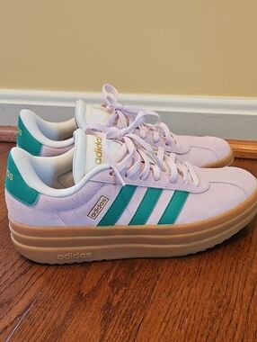 adidas Women’s Lavender Pre-treated Suede Platform Sneaker with Teal Stripes